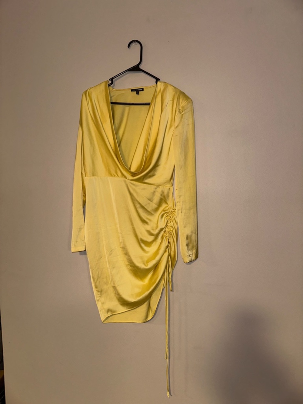 Yellow Satin Ruched Mini Dress with Cowl Neck
